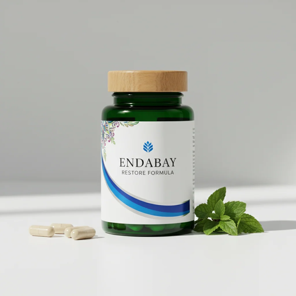 EndaBay Restore Formula dark green glass supplement jar with silver lid on a dark studio background